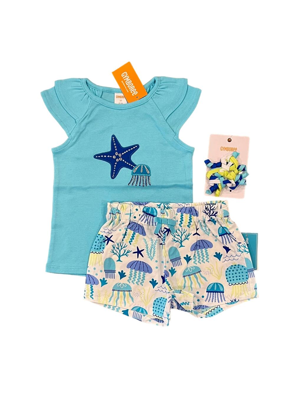 NWT Gymboree Applique Starfish Top, Jellyfish Shorts & Hair Clip - SIZE 12-18M